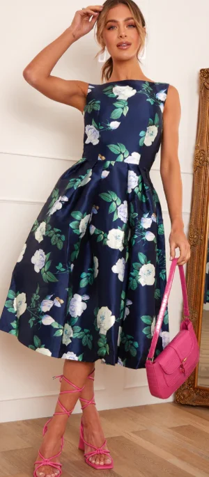 Members Only Boat Neck Floral Skater Dress
