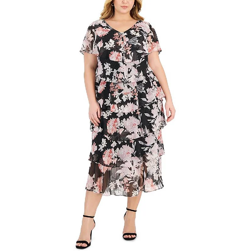 SLNY Womens Plus Floral Print Ruffle Midi Dress