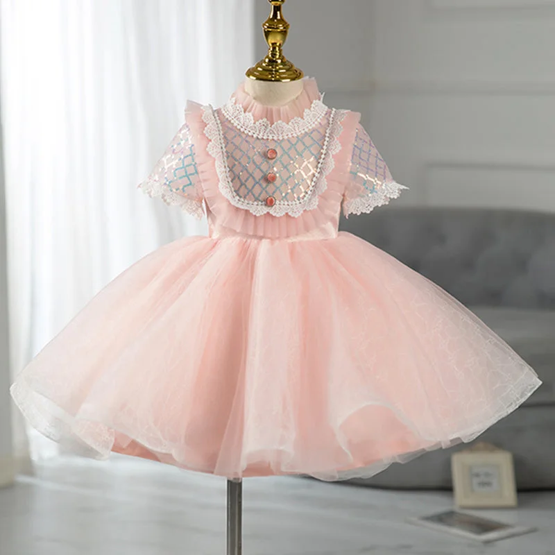 Deal Frenzy Baby Girl Dress Toddler fluffy Puff Sleeve Mesh Summer Cute Pink Sequin Lace Princess Dress