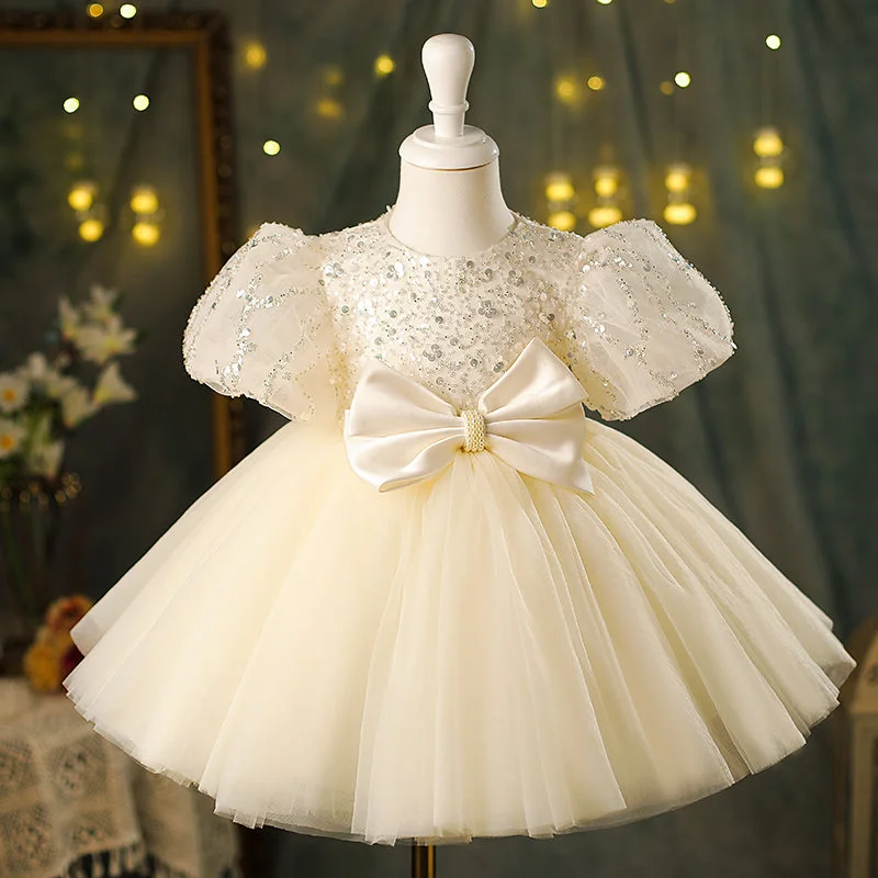 Midnight Madness Baby Girl Champagne Bow Sequins Puffy Birthday Princess  Dress
