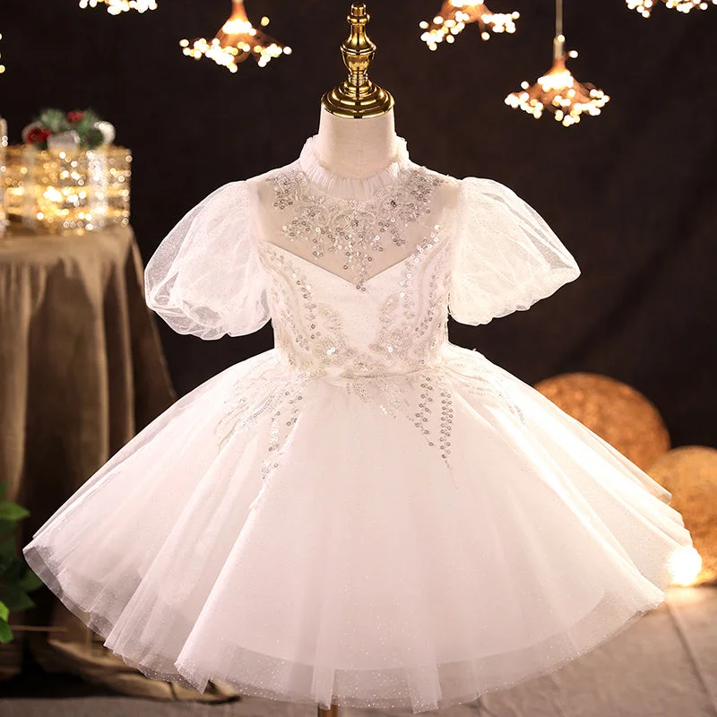 Special Price Flower Girl Dress Children Mesh Fluffy Diamond Embroidery Lace Sequin White Princess Dress