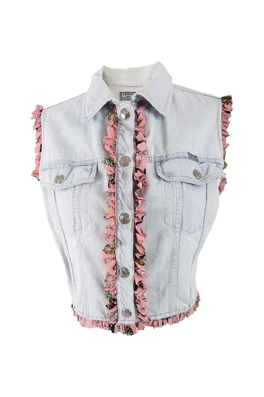 Super Savings Fendissime Vintage Womens Ruffled Denim Vest Jacket, 1990s
