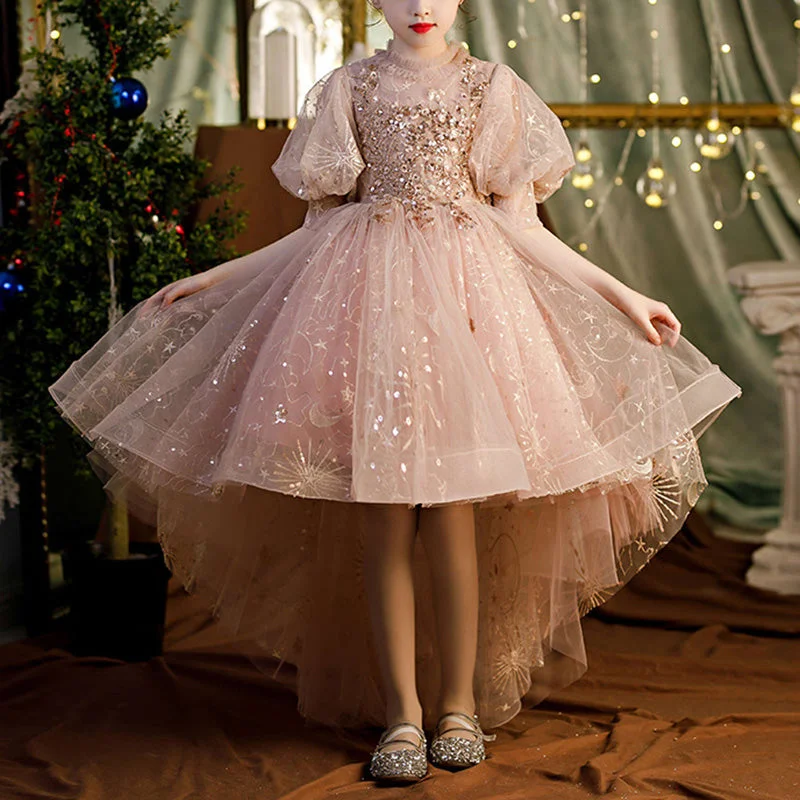 Reduced Prices Girls Pageant Princess Dresses Summer Flower Shiny Formal Dresses