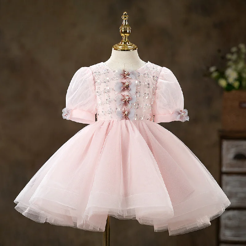 Weekend Deal Baby Girl Dress Toddler Summer Pink Mesh Sequin Communion Pageant Princess Dress