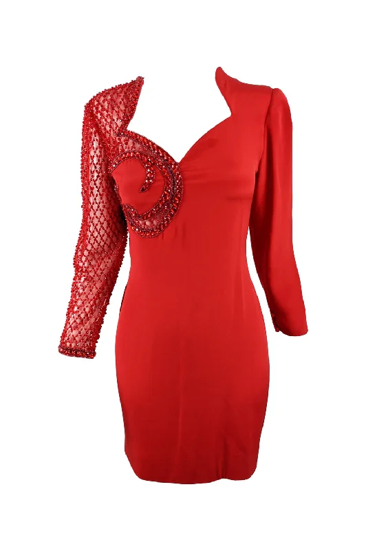 Price Rollback Vintage Red Italian Couture Sheer Beaded Sleeve Dress, 1980s