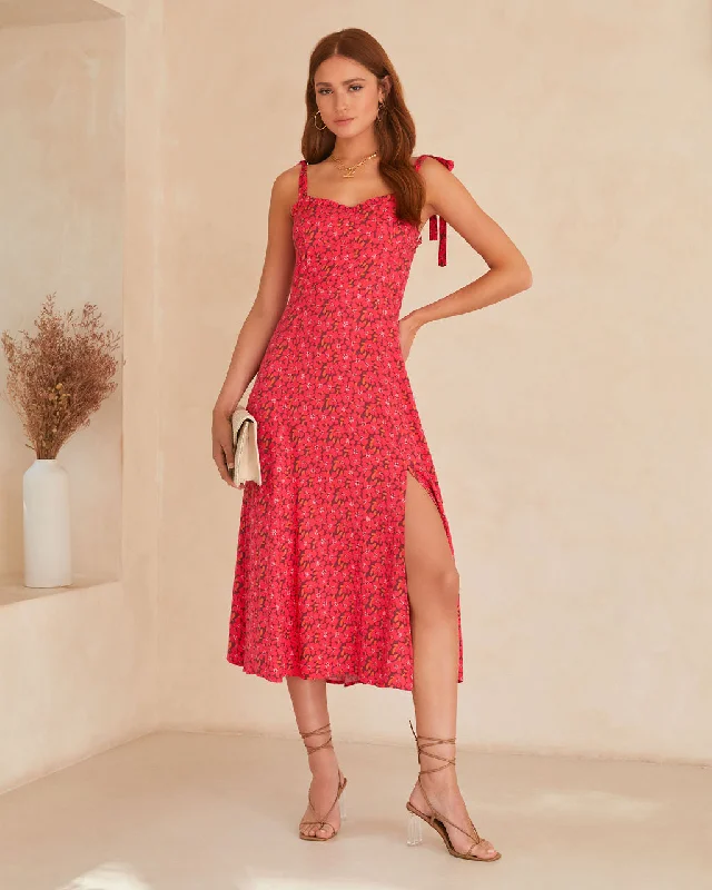 Year-End Clearance Riko Floral Shoulder Tie Midi Dress