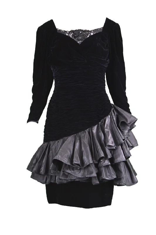 Massive Deals Vintage Draped Black Velvet & Taffeta Dress, 1980s