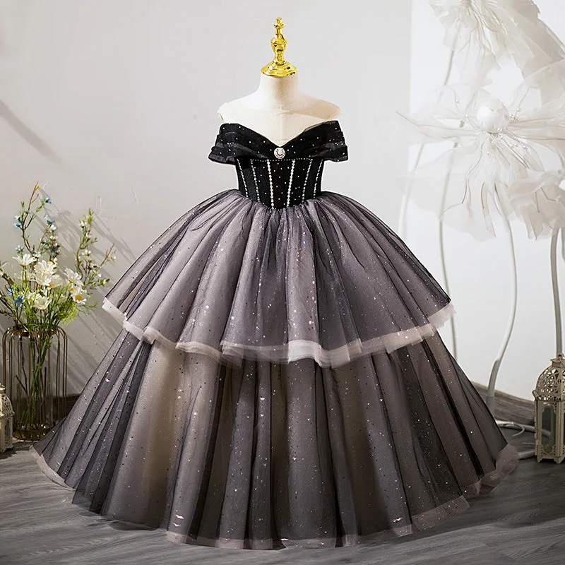 Members Only Little Girl Dress Flower Girl Pageant Communion Black Sequins Fluffy Princess Dress