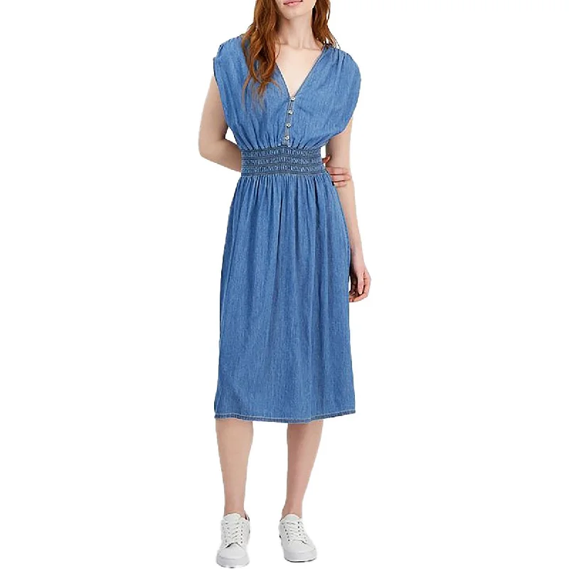 Tommy Hilfiger Womens Button Shirred Midi Dress