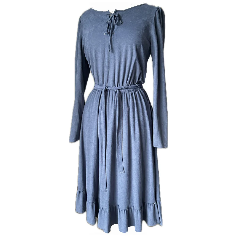 Special Discount Steel blue velour vintage St Michael early 1980s day dress with laced neckline Special Discount Steel blue velour vintage St Michael early 1980s day dress with laced neckline