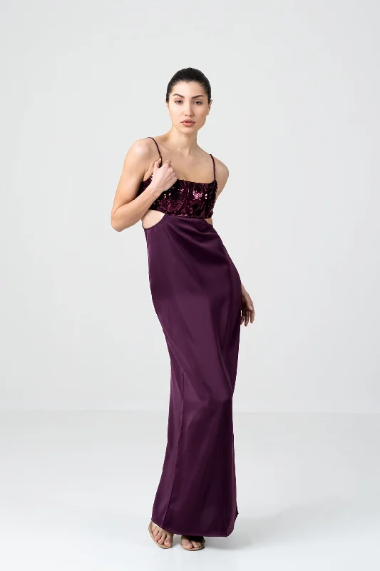 BLACKBERRY VELVET SEQUIN CUTOUT DRESS