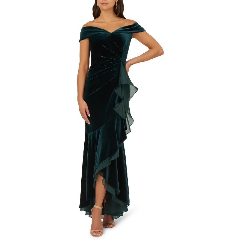 Adrianna Papell Womens Velvet Off-The-Shoulder Evening Dress