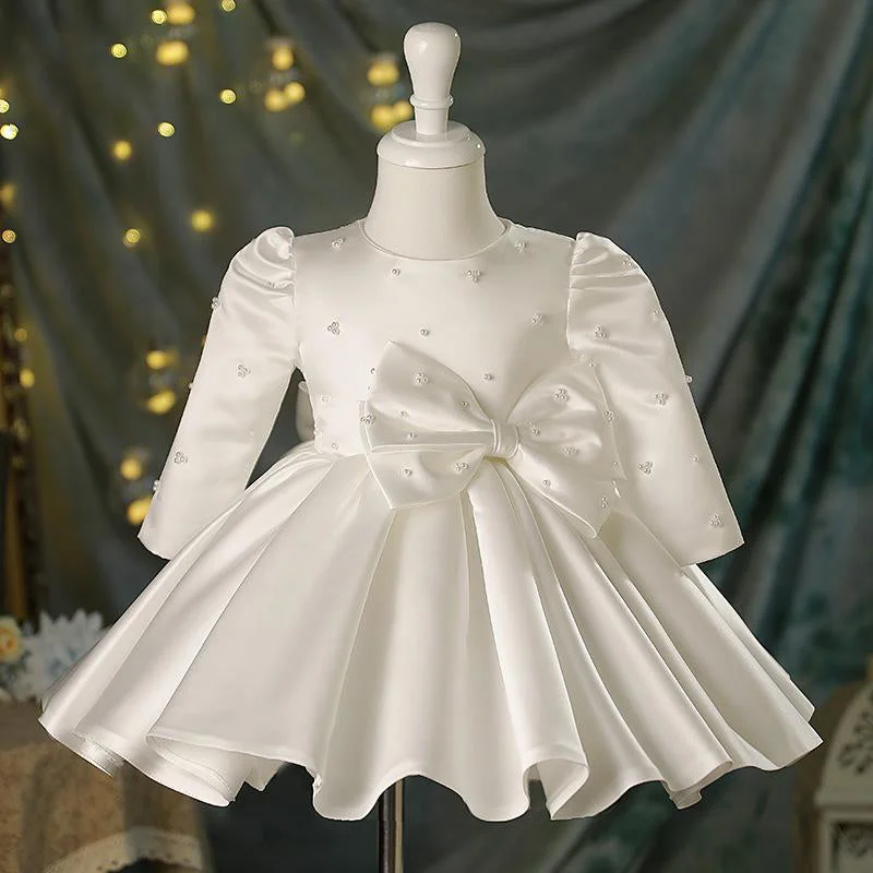 Time-Limited Offer Baby Girl White Beaded Long Sleeve Bow Baptism Dress