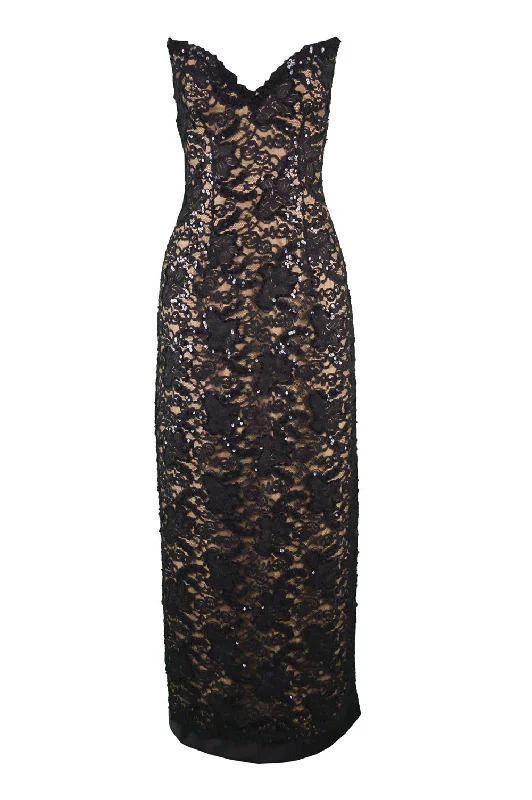 Lowest Price Vintage Nude & Black Lace Evening Gown, 1990s
