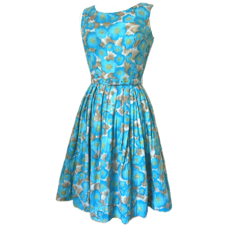 Overstock Sale Blue floral vintage 1950s polycotton belted day dress