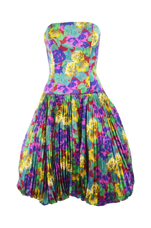 Price Rollback Womens Vintage Silk Pleated Floral Dress, Fall 1988