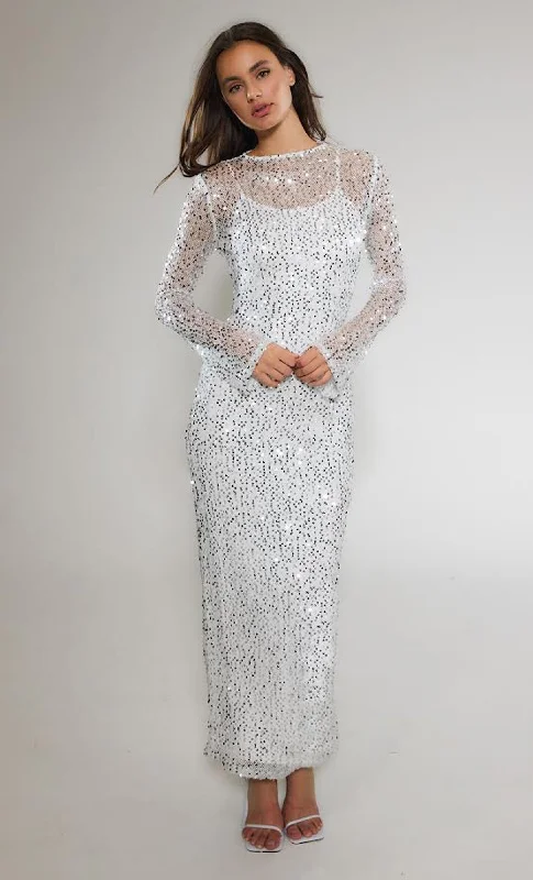 Markdowns White Long Sleeve Sequin Maxi Dress