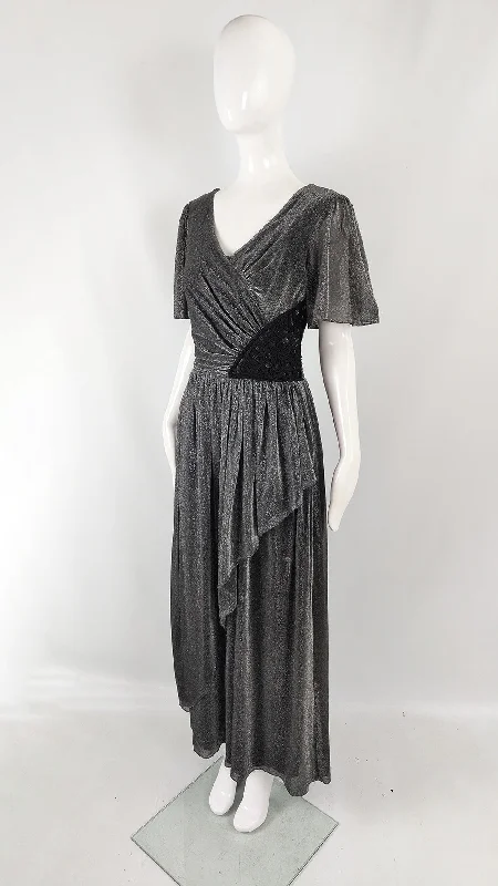 Shop and Save John Charles Vintage 70s Silver Lurex & Black Lace Evening Dress, 1970s Shop and Save John Charles Vintage 70s Silver Lurex & Black Lace Evening Dress, 1970s