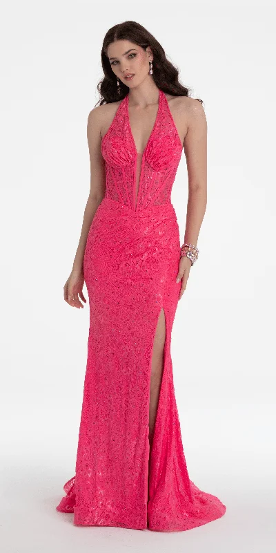 Beaded Stretch Lace Halter Corset Column Dress