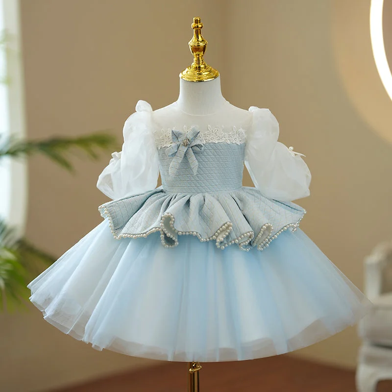 YEAR-End Sale Baby Girl First Communion Dress Girl Princess  Puff Sleeves Beaded Fluffy Birthday Party Dress