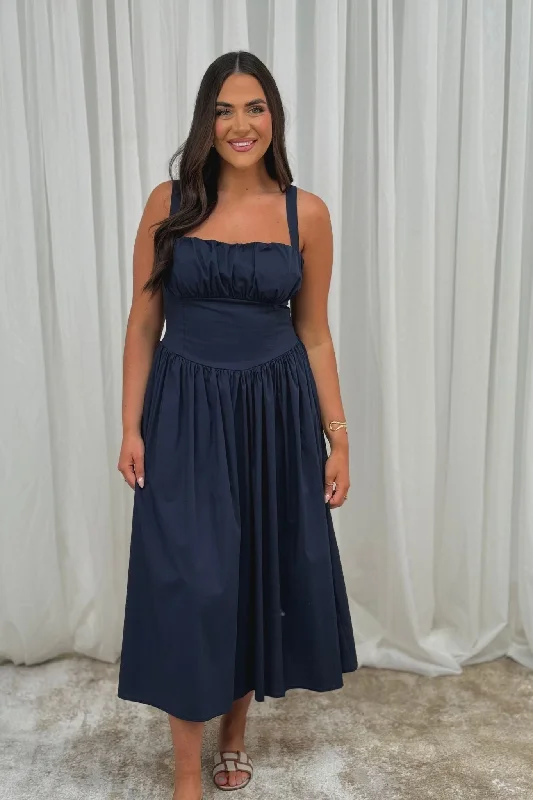 Sneak Peek Sale Erica Corset Waist Midi Dress In Navy