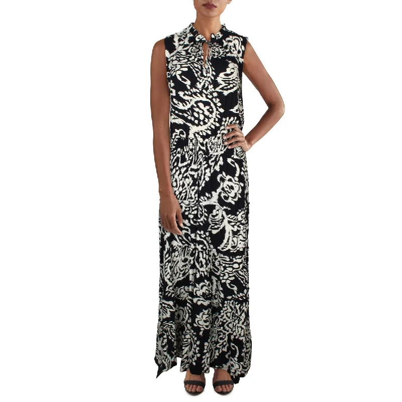 MSK Womens Printed Tie Neck Maxi Dress