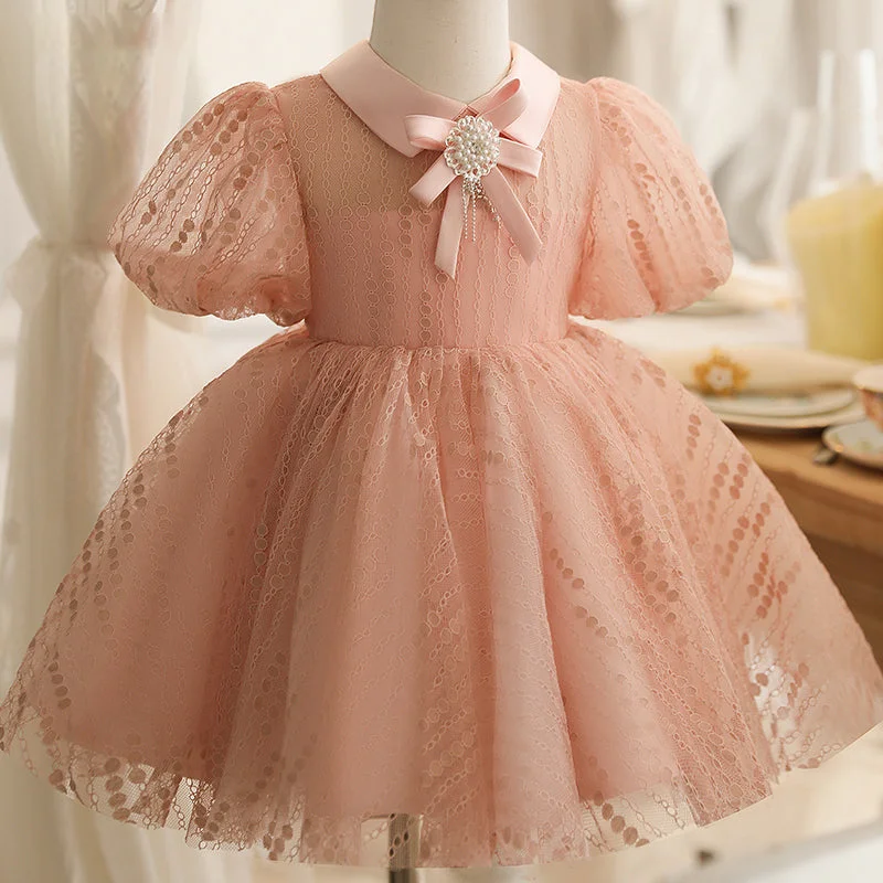 Today's Special Baby Girl Summer Pink Puff Sleeves Bead Flower Princess Dress