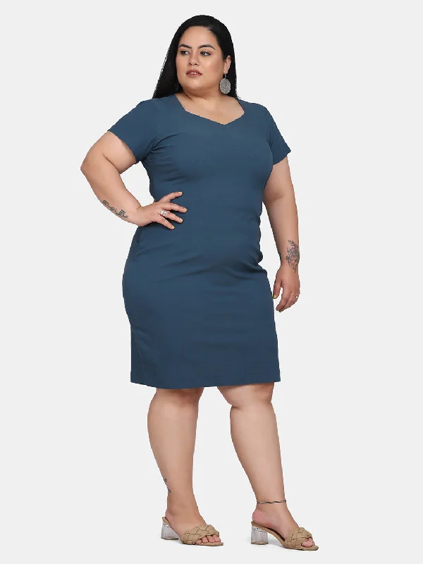 Deal Explosion Solid Colour Stretch Dress - Teal Blue