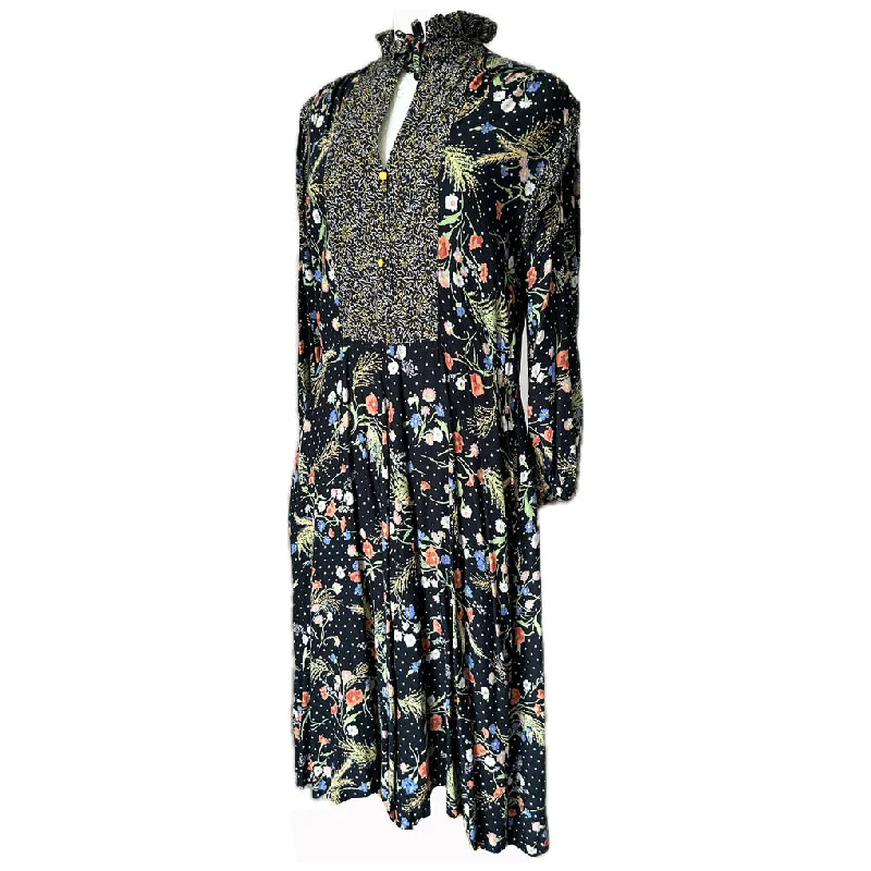 Special Offer Black and floral vintage 1970s viscose hippy folk day dress