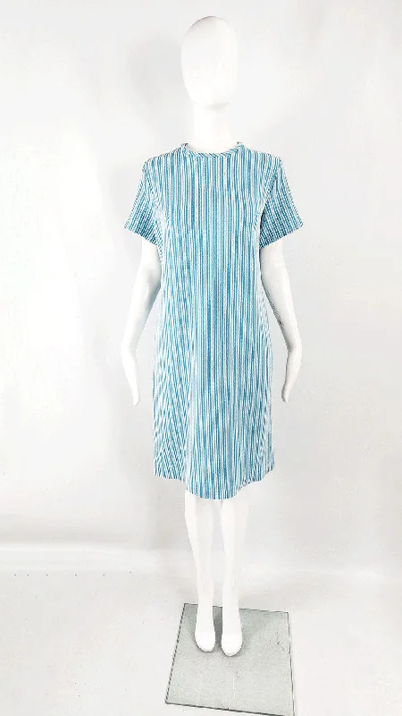 Quick Sale Vintage Blue & White Textured Polyester Mod Shift Dress, 1960s