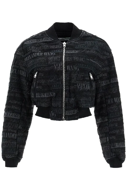 Denim Bomber Jacket With Embroidered Lettering  - Black