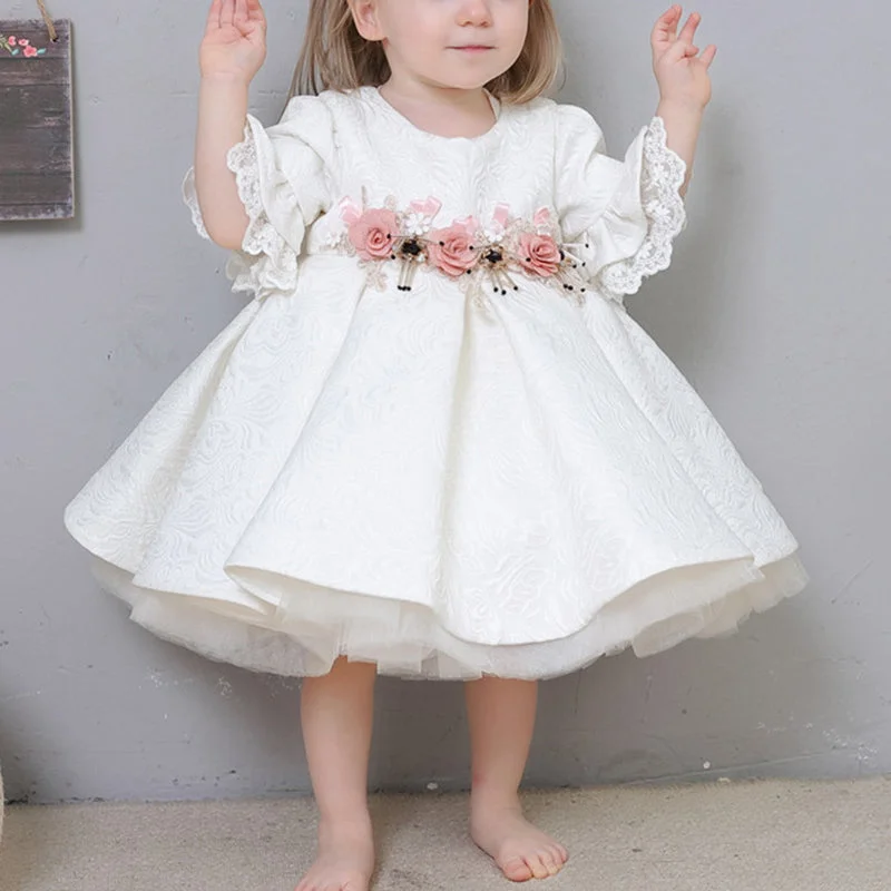 Deal Zone Flower Girl Dress Toddler Communion Formal White Bow Lace Baby Baptism Dress