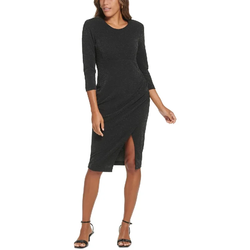 Calvin Klein Womens Faux-Wrap 3/4 Sleeve Midi Dress