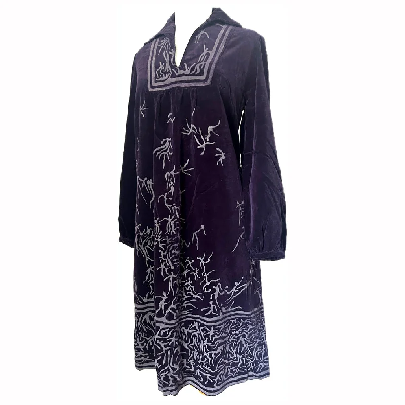 Limited Time Kate Beaver designer vintage 1970s boho purple velvet hand-printed smock dress
