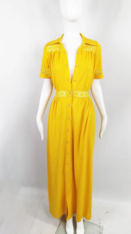 Sale Event Gottex Vintage Yellow Sheer Cut Out Lace Maxi Dress, 1970s