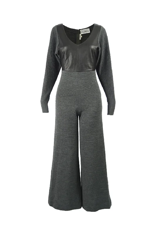 Super Deal Vintage Leather & Ribbed Wool Knit Jumpsuit, 1990s
