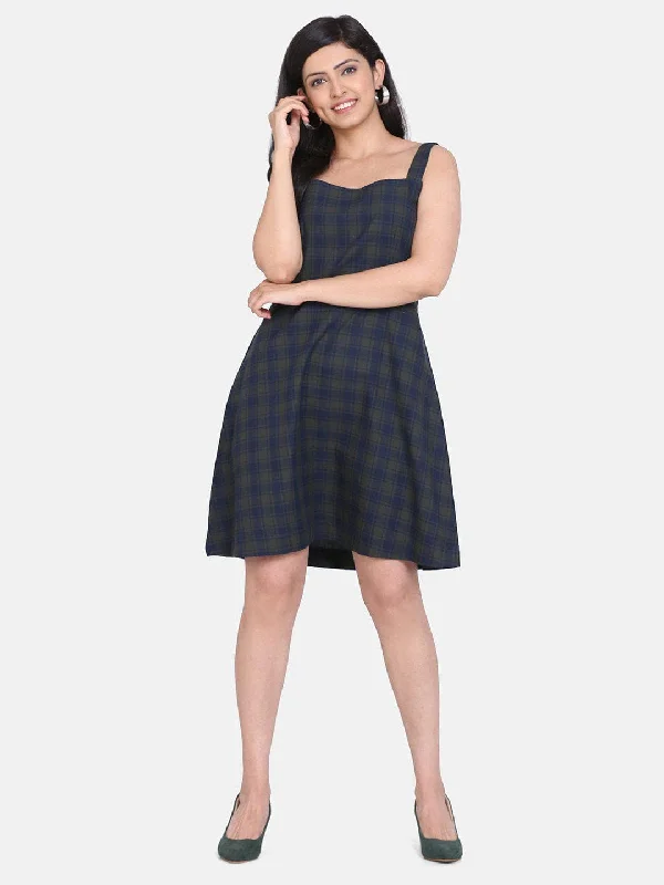 Mega Deal Cotton Check Dress - Green and Blue