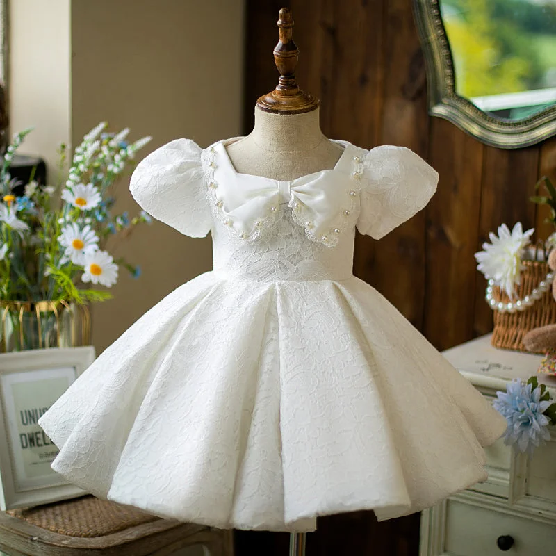 Clearance Sale Toddler Ball Gowns Girl Summer White Lace Bow Puff Sleeves Sleeve Baptism Princess Dress
