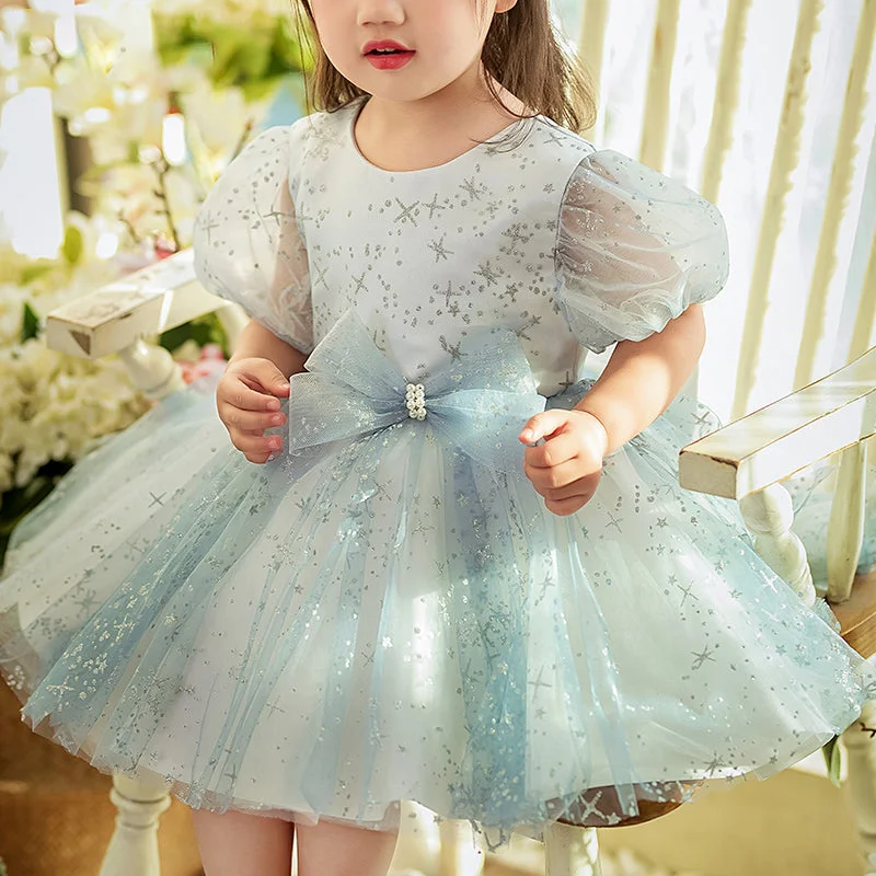 Early Access Baby Girl Dress Toddler Communion Summer Blue Round Neck Puff Sleeve Birthday Party Dress