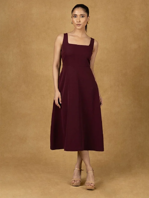 New Markdowns Burgundy Solid Strappy Fit And Flared Dress