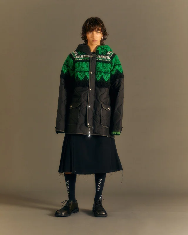 Low Prices UNISEX NORDIC KNIT PATCH QUILTED PARKA awa555u(BLACK)