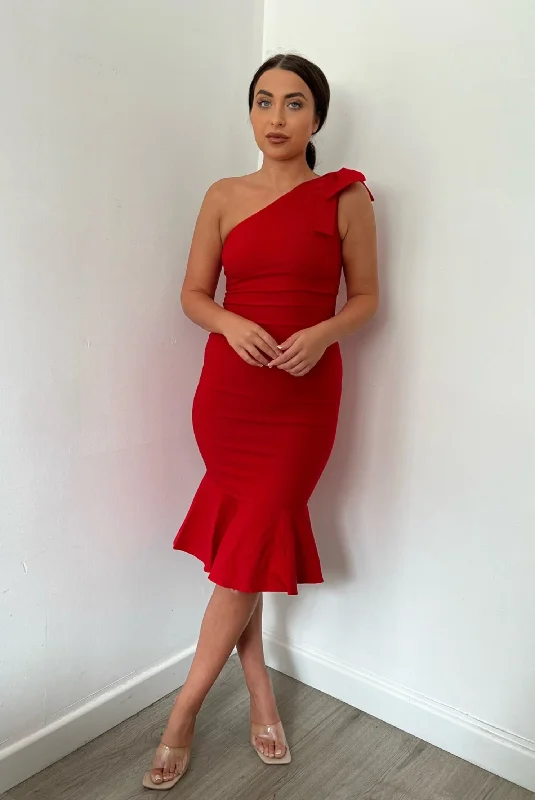 Don't Miss Vesper Savannah Crimson One Shoulder Midi Dress