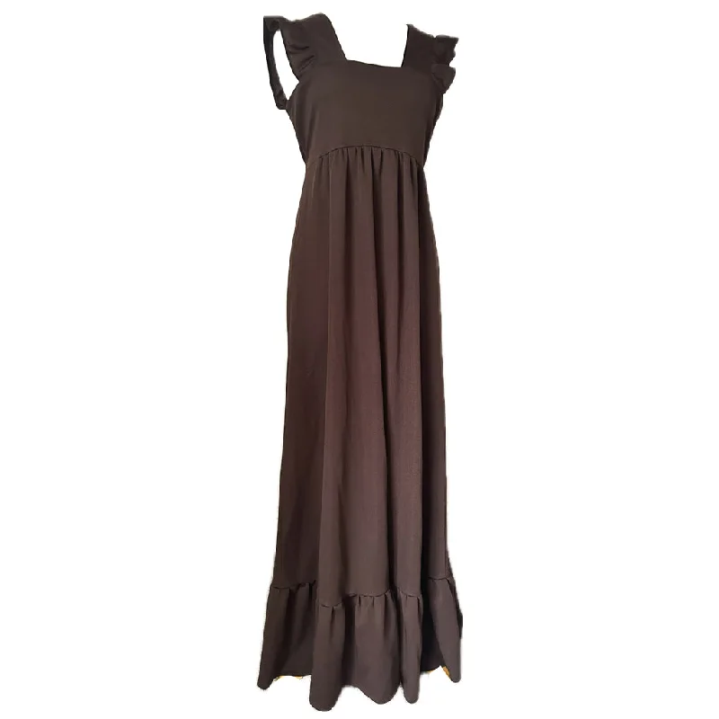 Crazy Savings Dark brown vintage 1970s frill sleeve pinafore maxi dress