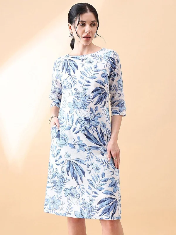 Final Markdown A-Line cotton floral printed dress- Blue & White