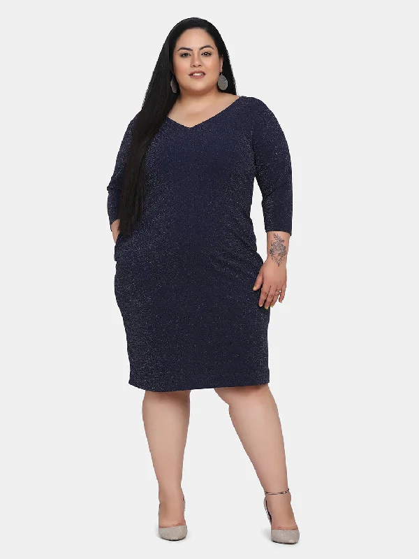Price Cut Shimmery Stretch Party Dress-Navy Blue