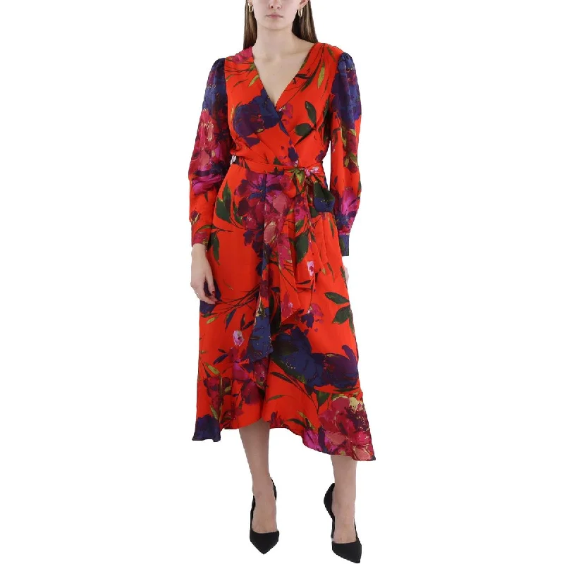 Tahari ASL Womens Floral Print Tea Length Wrap Dress