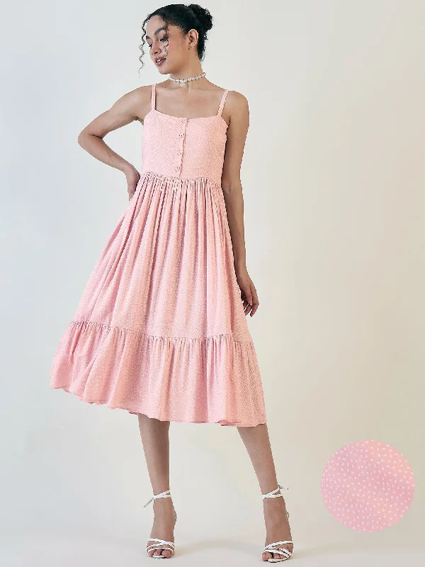 Warehouse Sale Pink Dotted Strappy Fit And Flare Dress
