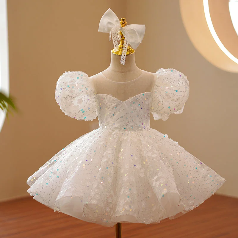 Today’s Deal Baby Girl Formal Princess Dress Girl Summer White Puff Sleeve Sequin Birthday Party Dress