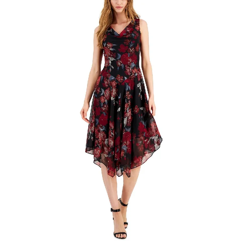 Signature By Robbie Bee Womens Petites Handkerchief Hem Floral Fit & Flare Dress