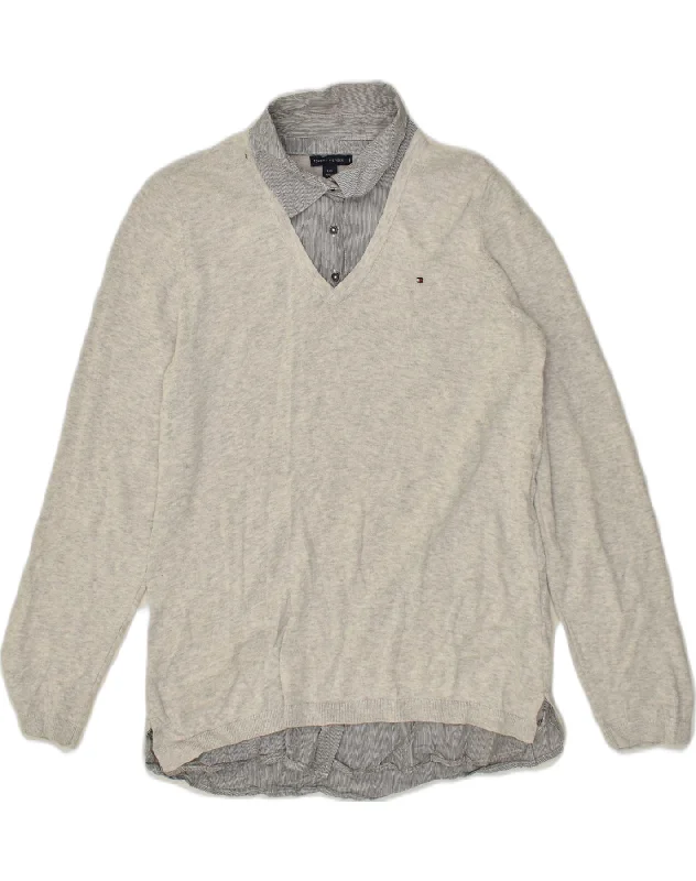 Price Reduction TOMMY HILFIGER Womens Polo Neck Jumper Sweater UK 14 Large Grey Cotton